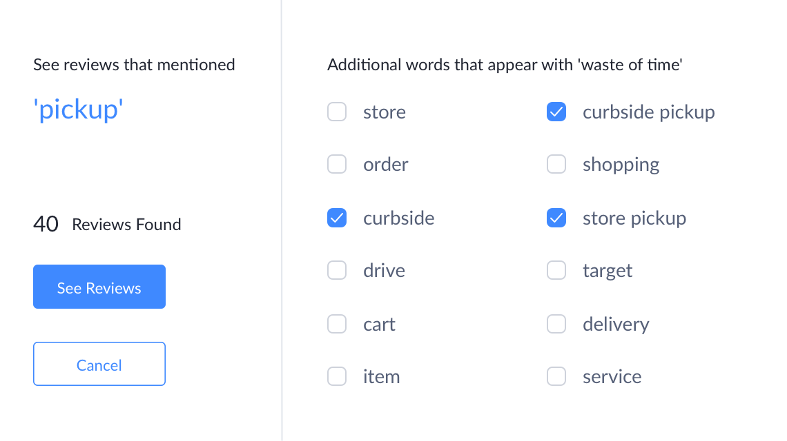 After finding the most impactful keywords, you can filter further to target specific reviews about topics you care about