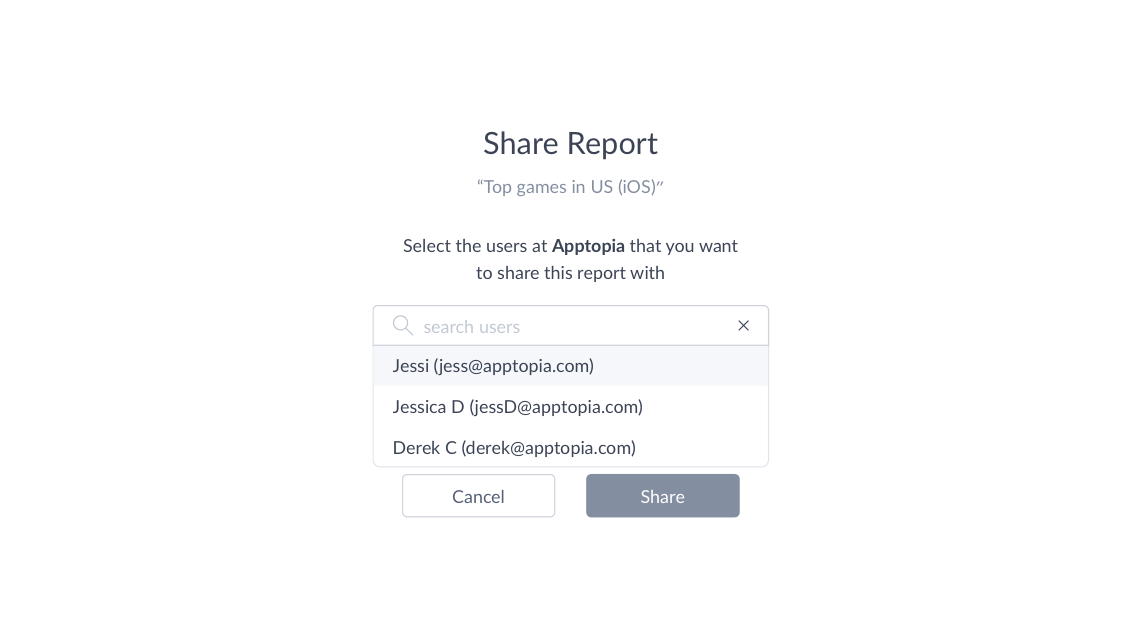 Report Builder lets you share reports with other Apptopia users on your team